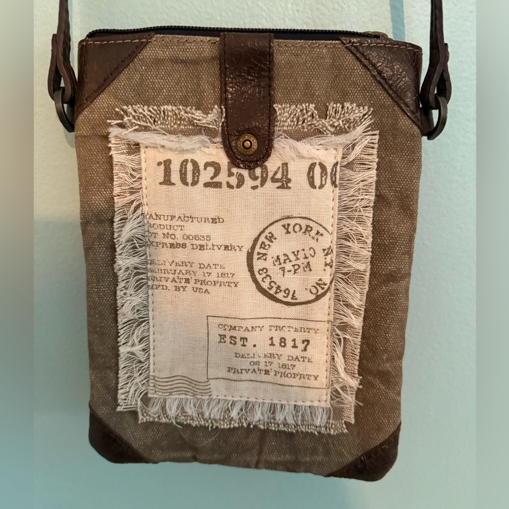 Mona B Brown Canvas Messenger Crossbody with Leather Trim